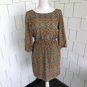 Cremieux Women's Tan Multi Cinched Waist Side Pocket Deep V-Back Dress sz XS